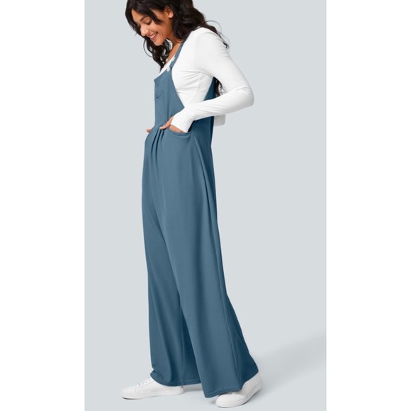 Halara Adjustable Strap Button Pockets Waffle Knit Wide Leg Overalls Blue L NEW - Picture 4 of 11
